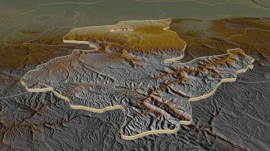 Sar-e-Pol 'e (Afganistan ili) yakınlaştırın. Belirsiz bir bakış açısı. Yüzey suları olan topografik yardım haritası. 3B görüntüleme