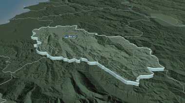 Berat 'ı (Arnavutluk ilini) yakınlaştır. Belirsiz bir bakış açısı. Yüzey sularıyla birlikte idari bölümün renkli ve çarpık haritası. 3B görüntüleme