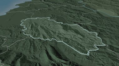 Berat 'a (Arnavutluk ili) yakınlaşın. Belirsiz bir bakış açısı. Yüzey sularıyla birlikte idari bölümün renkli ve çarpık haritası. 3B görüntüleme
