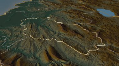 Berat 'a (Arnavutluk ili) yakınlaşın. Belirsiz bir bakış açısı. Yüzey suları olan topografik yardım haritası. 3B görüntüleme