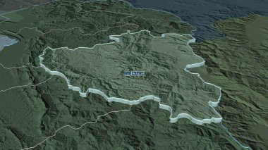 Diber 'e (Arnavutluk ili) yakınlaştırma yapıldı. Belirsiz bir bakış açısı. Yüzey sularıyla birlikte idari bölümün renkli ve çarpık haritası. 3B görüntüleme