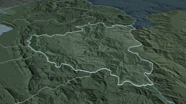Arnavutluk 'un Diber ilçesine yakınlaş. Belirsiz bir bakış açısı. Yüzey sularıyla birlikte idari bölümün renkli ve çarpık haritası. 3B görüntüleme