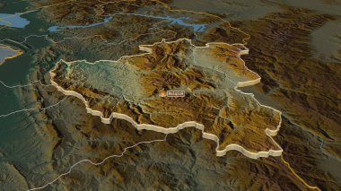 Diber 'e (Arnavutluk ili) yakınlaştırma yapıldı. Belirsiz bir bakış açısı. Yüzey suları olan topografik yardım haritası. 3B görüntüleme