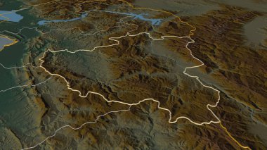 Arnavutluk 'un Diber ilçesine yakınlaş. Belirsiz bir bakış açısı. Yüzey suları olan topografik yardım haritası. 3B görüntüleme