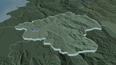 Elbasan 'a (Arnavutluk iline) yakınlaşın. Belirsiz bir bakış açısı. Yüzey sularıyla birlikte idari bölümün renkli ve çarpık haritası. 3B görüntüleme