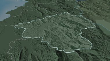 Arnavutluk 'un Elbasan ilçesine yakınlaş. Belirsiz bir bakış açısı. Yüzey sularıyla birlikte idari bölümün renkli ve çarpık haritası. 3B görüntüleme