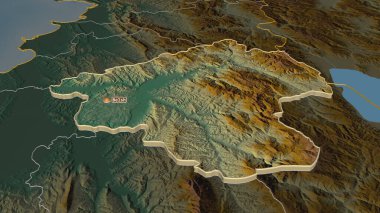 Elbasan 'a (Arnavutluk iline) yakınlaşın. Belirsiz bir bakış açısı. Yüzey suları olan topografik yardım haritası. 3B görüntüleme