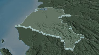 Fier 'e (Arnavutluk ilçe) yakınlaştır. Belirsiz bir bakış açısı. Yüzey sularıyla birlikte idari bölümün renkli ve çarpık haritası. 3B görüntüleme