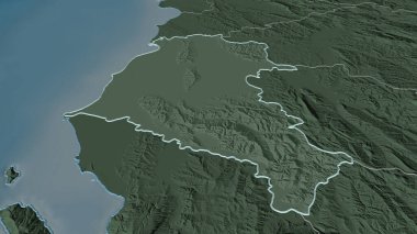 Fier 'e (Arnavutluk ili) yakınlaş. Belirsiz bir bakış açısı. Yüzey sularıyla birlikte idari bölümün renkli ve çarpık haritası. 3B görüntüleme