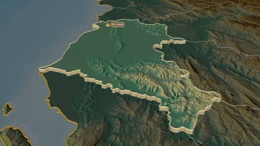 Fier 'e (Arnavutluk ilçe) yakınlaştır. Belirsiz bir bakış açısı. Yüzey suları olan topografik yardım haritası. 3B görüntüleme