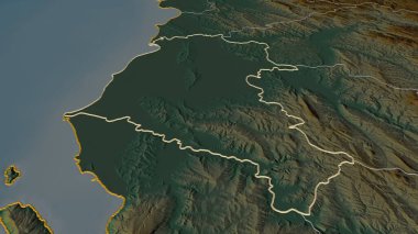 Fier 'e (Arnavutluk ili) yakınlaş. Belirsiz bir bakış açısı. Yüzey suları olan topografik yardım haritası. 3B görüntüleme