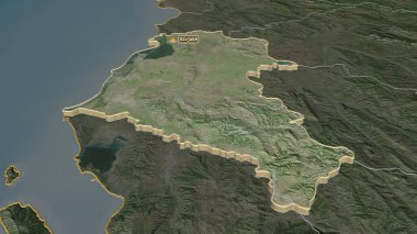 Fier 'e (Arnavutluk ilçe) yakınlaştır. Belirsiz bir bakış açısı. Uydu görüntüleri. 3B görüntüleme