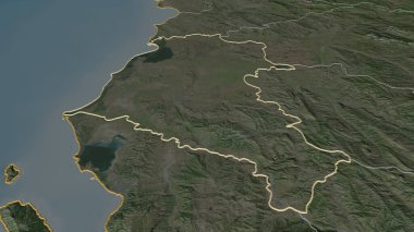 Fier 'e (Arnavutluk ili) yakınlaş. Belirsiz bir bakış açısı. Uydu görüntüleri. 3B görüntüleme