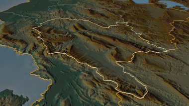 Cirokaster 'a (Arnavutluk ili) yakınlaş. Belirsiz bir bakış açısı. Yüzey suları olan topografik yardım haritası. 3B görüntüleme