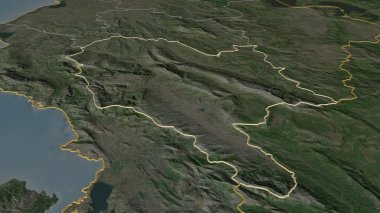 Cirokaster 'a (Arnavutluk ili) yakınlaş. Belirsiz bir bakış açısı. Uydu görüntüleri. 3B görüntüleme