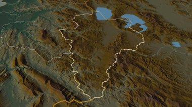 Korce 'ye (Arnavutluk ili) yakınlaş. Belirsiz bir bakış açısı. Yüzey suları olan topografik yardım haritası. 3B görüntüleme