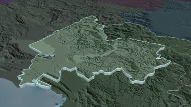 Shkoder 'e (Arnavutluk ili) yakınlaştırma yapıldı. Belirsiz bir bakış açısı. Yüzey sularıyla birlikte idari bölümün renkli ve çarpık haritası. 3B görüntüleme