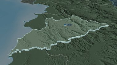 Tiran 'a (Arnavutluk ili) yakınlaştırma yapıldı. Belirsiz bir bakış açısı. Yüzey sularıyla birlikte idari bölümün renkli ve çarpık haritası. 3B görüntüleme