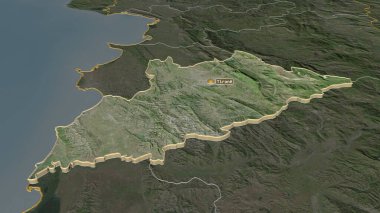 Tiran 'a (Arnavutluk ili) yakınlaştırma yapıldı. Belirsiz bir bakış açısı. Uydu görüntüleri. 3B görüntüleme