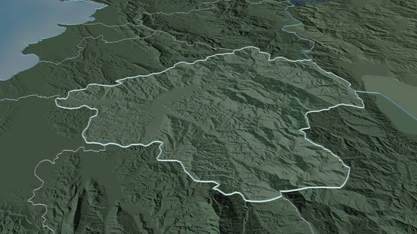 Arnavutluk 'un Elbasan ilçesine yakınlaş. Belirsiz bir bakış açısı. Yüzey sularıyla birlikte idari bölümün renkli ve çarpık haritası. 3B görüntüleme