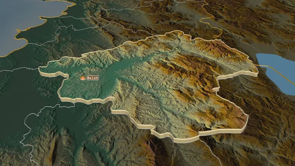 Elbasan 'a (Arnavutluk iline) yakınlaşın. Belirsiz bir bakış açısı. Yüzey suları olan topografik yardım haritası. 3B görüntüleme