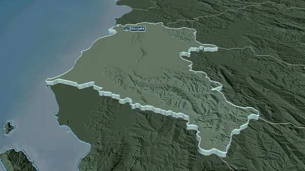 Fier 'e (Arnavutluk ilçe) yakınlaştır. Belirsiz bir bakış açısı. Yüzey sularıyla birlikte idari bölümün renkli ve çarpık haritası. 3B görüntüleme