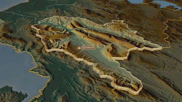 ジロカスター アルバニアの郡 にズーム押出 嘘の見方だ 地表水と地形救援マップ 3Dレンダリング — ストック写真
