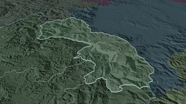 Zoom Kukes Contea Albania Delineato Prospettiva Obliqua Mappa Colorata Urtata — Foto Stock