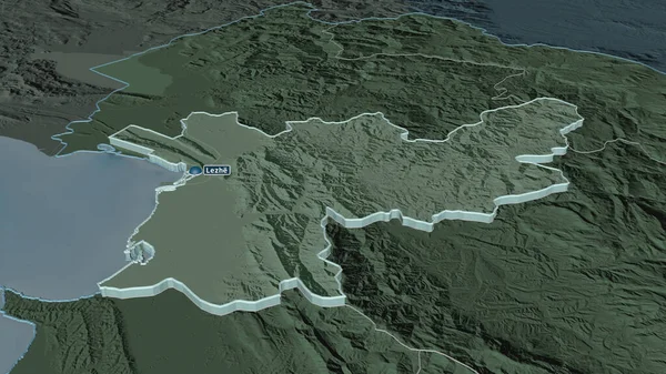 Ampliar Lezhe Condado Albania Extruido Perspectiva Oblicua Mapa Coloreado Tocado — Foto de Stock