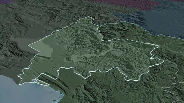 Zoom Shkoder Contea Albania Delineato Prospettiva Obliqua Mappa Colorata Urtata — Foto Stock