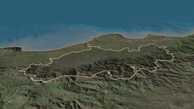 Blida 'ya (Cezayir ili) yakınlaş. Belirsiz bir bakış açısı. Uydu görüntüleri. 3B görüntüleme