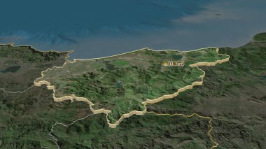 El Tarf 'a (Cezayir ili) yakınlaştırın. Belirsiz bir bakış açısı. Uydu görüntüleri. 3B görüntüleme