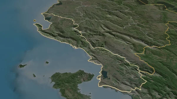 Zoom Auf Vlore Kreis Albanien Umrissen Schräge Perspektive Satellitenbilder Rendering — Stockfoto