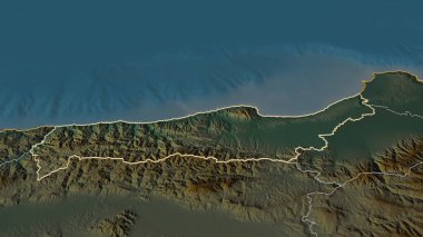 Cezayir 'in Tipaza iline yakınlaş. Belirsiz bir bakış açısı. Yüzey suları olan topografik yardım haritası. 3B görüntüleme