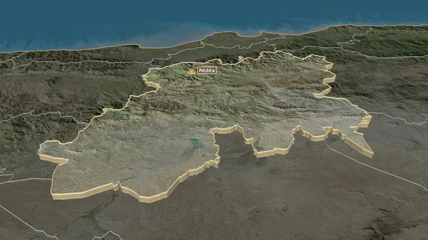 Zoom Medea Provincia Argelia Extruido Perspectiva Oblicua Imágenes Satélite Renderizado — Foto de Stock