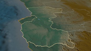 Bengo 'ya (Angola ili) yakınlaş. Belirsiz bir bakış açısı. Yüzey suları olan topografik yardım haritası. 3B görüntüleme