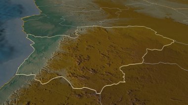 Cuanza Sul 'a (Angola ili) yakınlaştır. Belirsiz bir bakış açısı. Yüzey suları olan topografik yardım haritası. 3B görüntüleme