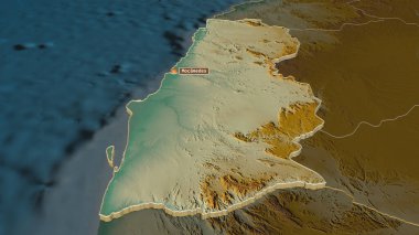 Namibe 'ye (Angola ili) yakınlaştır. Belirsiz bir bakış açısı. Yüzey suları olan topografik yardım haritası. 3B görüntüleme
