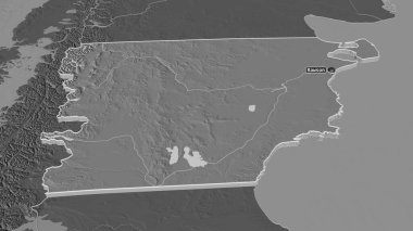 Chubut 'a (Arjantin ili) yakınlaştır. Belirsiz bir bakış açısı. Yüzey sularıyla çift seviyeli yükseklik haritası. 3B görüntüleme