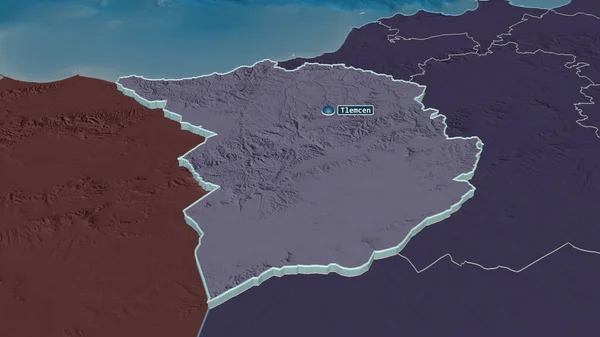 Zoom Tlemcen Província Argélia Extrudado Perspectiva Oblíqua Mapa Colorido Desmoronado — Fotografia de Stock