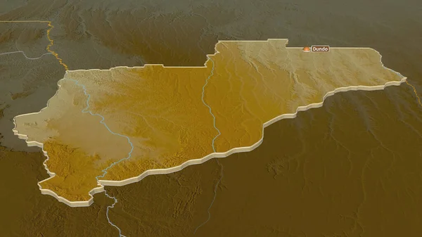 Zoom in on Lunda Norte (province of Angola) extruded. Oblique perspective. Topographic relief map with surface waters. 3D rendering