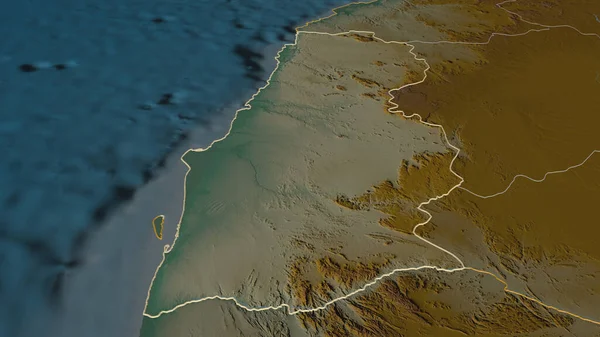 Namibe 'ye (Angola ili) yakınlaş. Belirsiz bir bakış açısı. Yüzey suları olan topografik yardım haritası. 3B görüntüleme