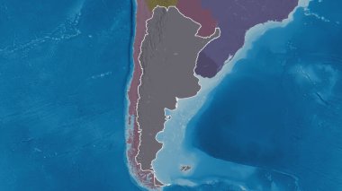 Arjantin bölgesinin ana hatlarıyla çizilmiş hali. Yüzey sularıyla birlikte idari bölümün renkli ve çarpık haritası. 3B görüntüleme