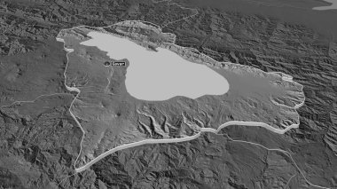 Gegharkunik 'e (Ermenistan ili) yakınlaştırın. Belirsiz bir bakış açısı. Yüzey sularıyla çift seviyeli yükseklik haritası. 3B görüntüleme