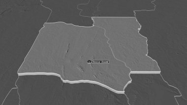 Collines (Benin Bölümü) 'ne yakınlaştır. Belirsiz bir bakış açısı. Yüzey sularıyla çift seviyeli yükseklik haritası. 3B görüntüleme