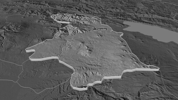 Zoom in on Kotayk (province of Armenia) extruded. Oblique perspective. Bilevel elevation map with surface waters. 3D rendering