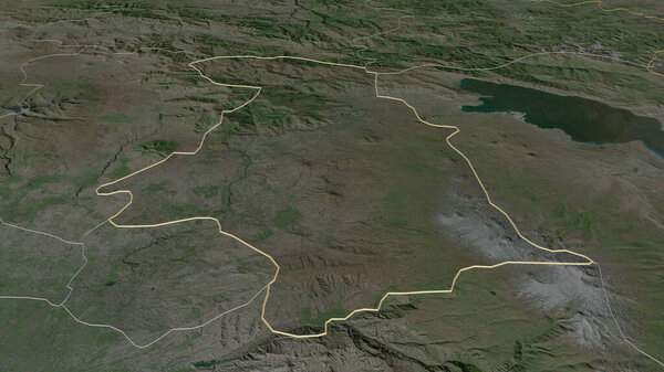 Zoom in on Kotayk (province of Armenia) outlined. Oblique perspective. Satellite imagery. 3D rendering