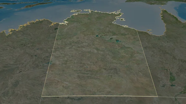 Zoom in on Northern Territory (territory of Australia) outlined. Oblique perspective. Satellite imagery. 3D rendering