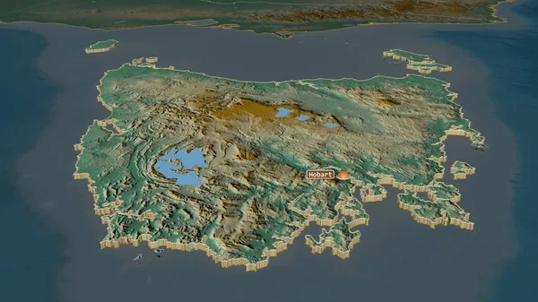 Tazmanya 'ya (Avustralya eyaleti) yakınlaştırın. Belirsiz bir bakış açısı. Yüzey suları olan topografik yardım haritası. 3B görüntüleme