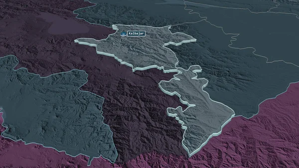 Zoom in on Kalbajar-Lachin (region of Azerbaijan) extruded. Oblique perspective. Colored and bumped map of the administrative division with surface waters. 3D rendering